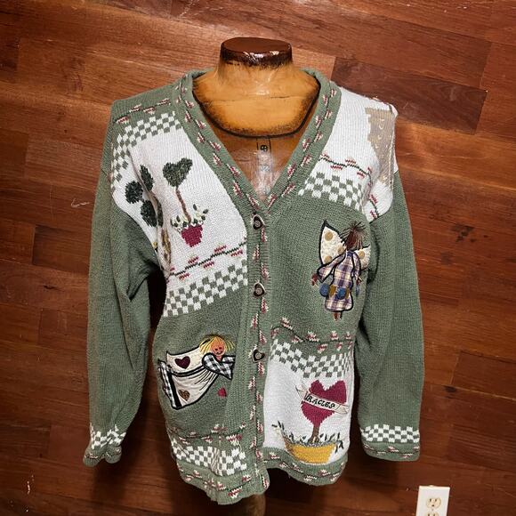 VINTAGE 90s Quacker Factory Cottage Cardigan Size S Knit Matcha Green Retro - Picture 1 of 5